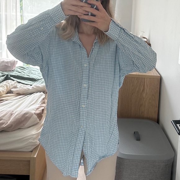 Blue Gingham Long sleeve Irish Linen Shirt - Picture 1 of 7